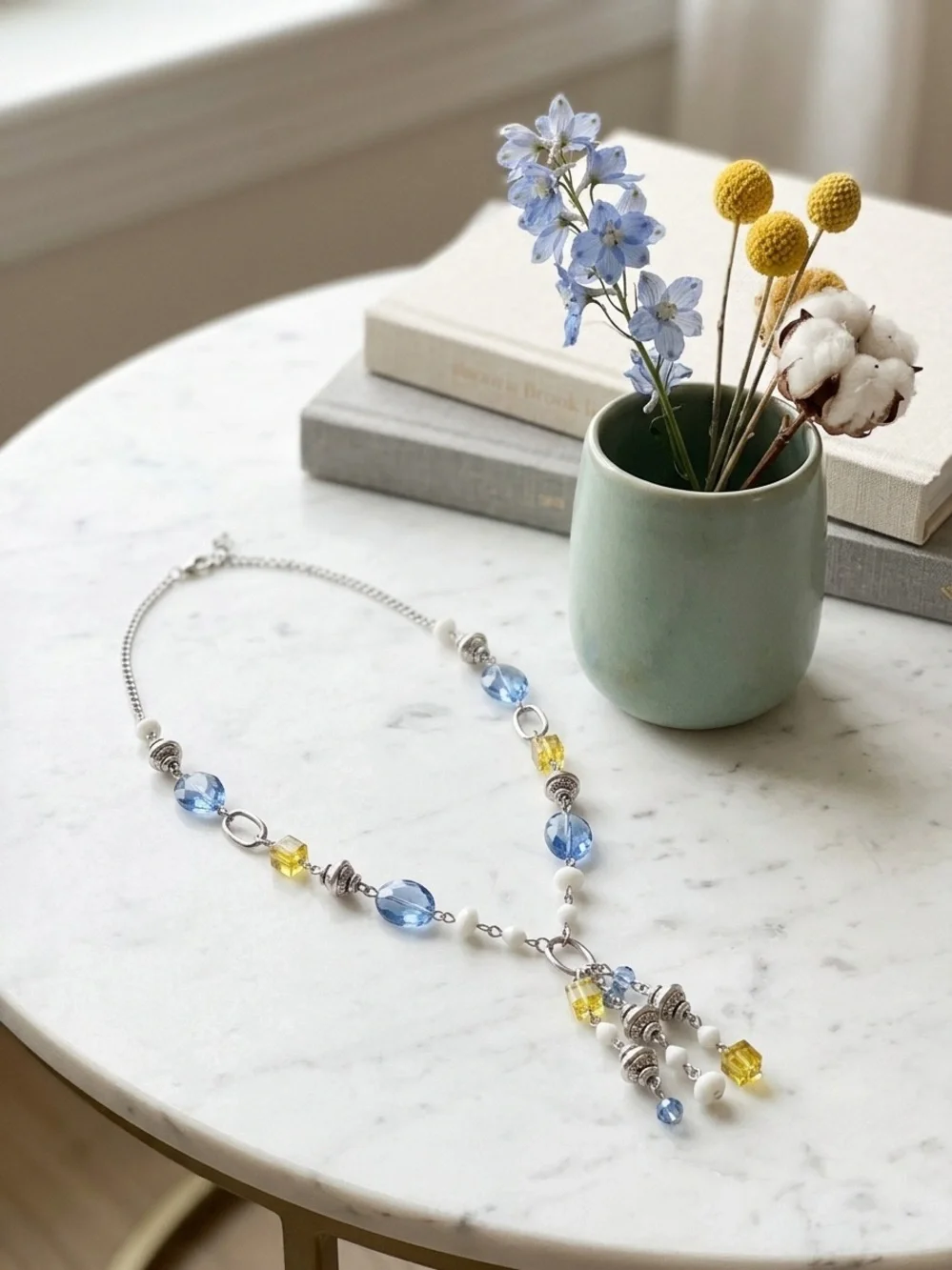 Silver-Tone Blue and Yellow Beaded Tassel Necklace Excellent Condition